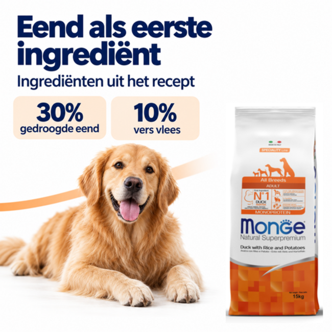 Croquettes pour chiens - Monoprotéine Adulte Canard avec Riz et Pommes de terre - 15 kg