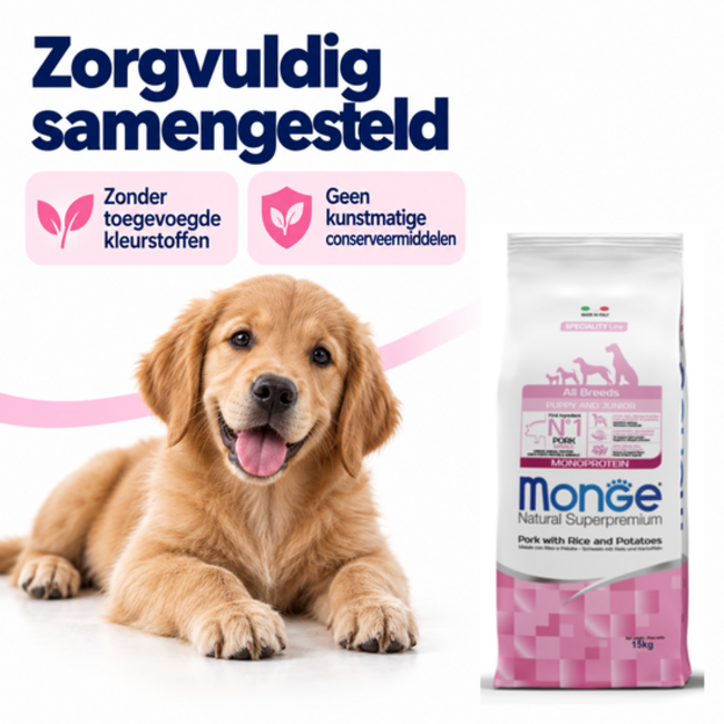 Hondenbrokken - Monoproteïne Puppy & Junior Varkensvlees met Rijst en Aardappelen  - 15 kg