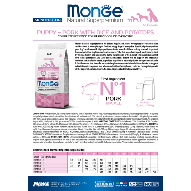 Hondenbrokken - Monoproteïne Puppy & Junior Varkensvlees met Rijst en Aardappelen  - 15 kg
