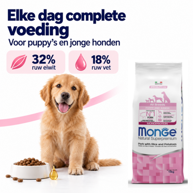Hondenbrokken - Monoproteïne Puppy & Junior Varkensvlees met Rijst en Aardappelen  - 15 kg
