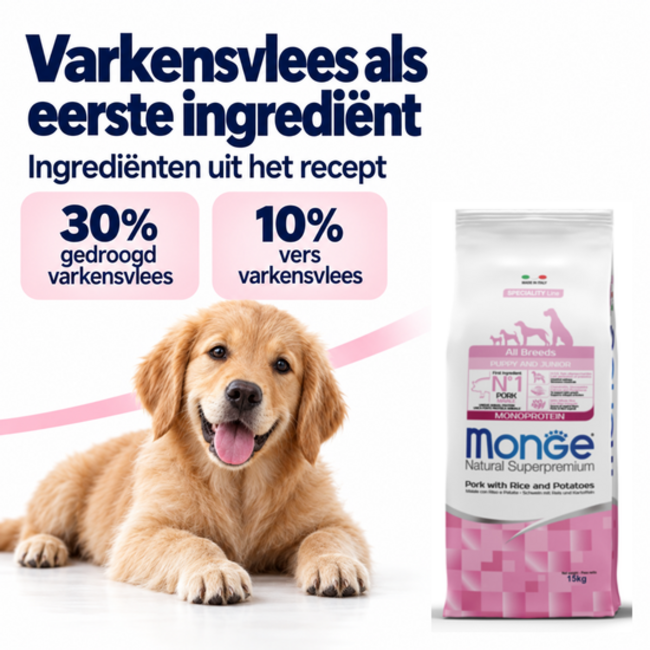 Hondenbrokken - Monoproteïne Puppy & Junior Varkensvlees met Rijst en Aardappelen  - 15 kg