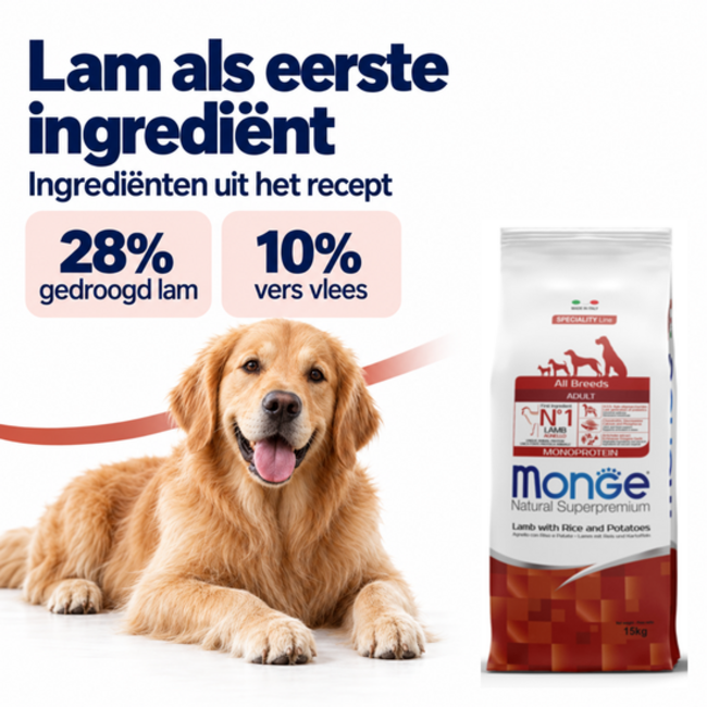 Croquettes pour chiens - Monoprotéine Adulte Agneau avec Riz et Pommes de terre - 15 kg