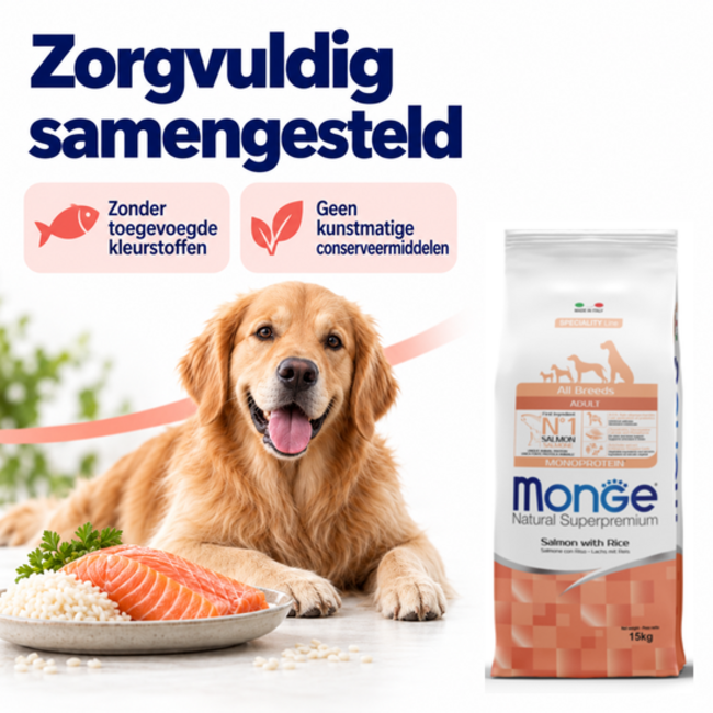 Croquettes pour chiens - Monoprotéine Adulte Saumon avec Riz - 15 kg