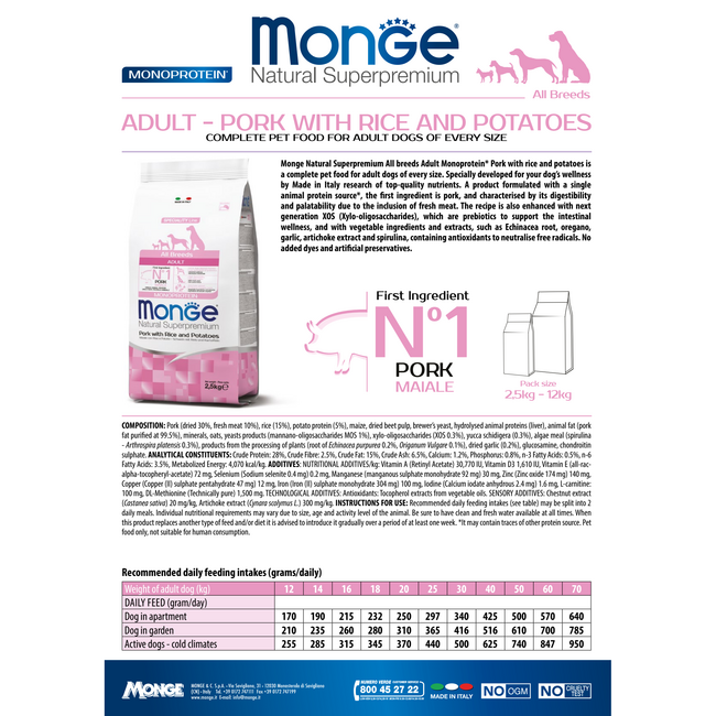 Dog Food - Monoprotein Adult Pork with Rice and Potatoes - 15 kg
