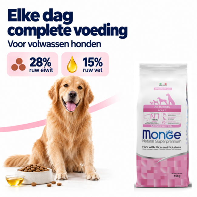 Croquettes pour chiens - Monoprotéine Adulte Porc avec Riz et Pommes de terre - 15 kg