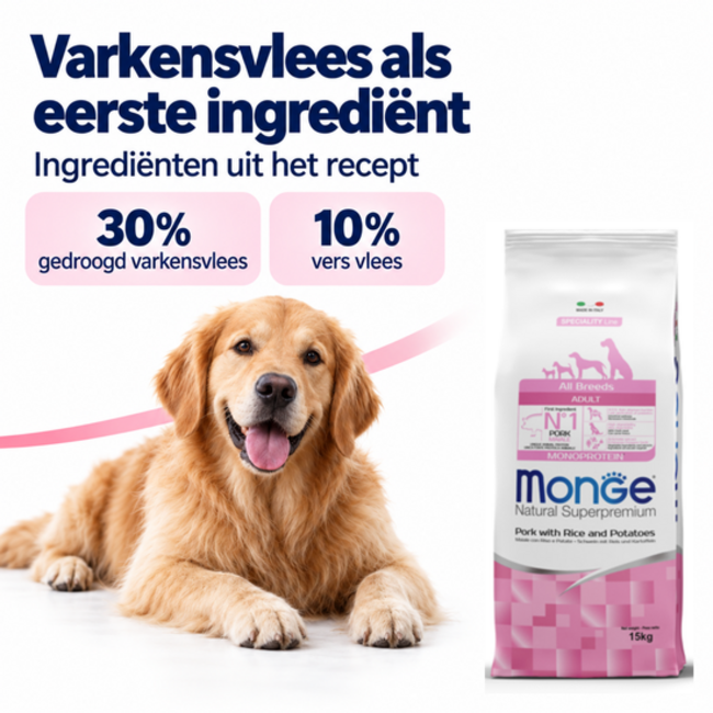 Croquettes pour chiens - Monoprotéine Adulte Porc avec Riz et Pommes de terre - 15 kg
