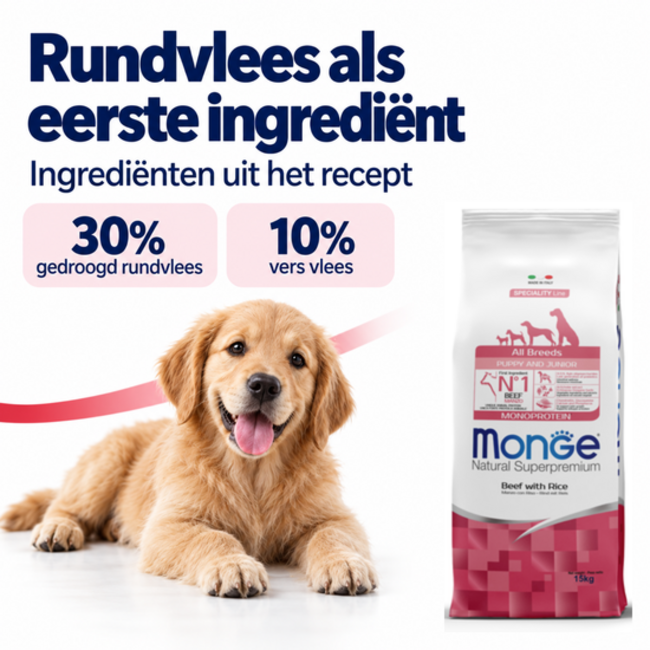 Hondenbrokken - Monoproteïne Puppy & Junior Rundvlees met Rijst - 15 kg