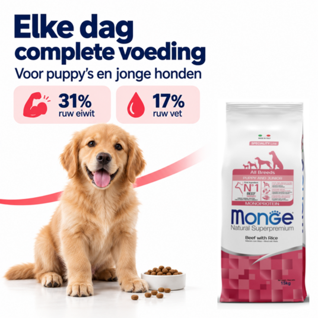 Croquettes pour chiens - Monoprotéine Chiot & Junior Bœuf avec Riz - 15 kg