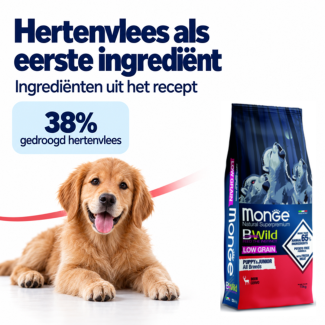 Pienso para perros - Bajo en Cereales Cachorros y Jóvenes Ciervo - 15 kg