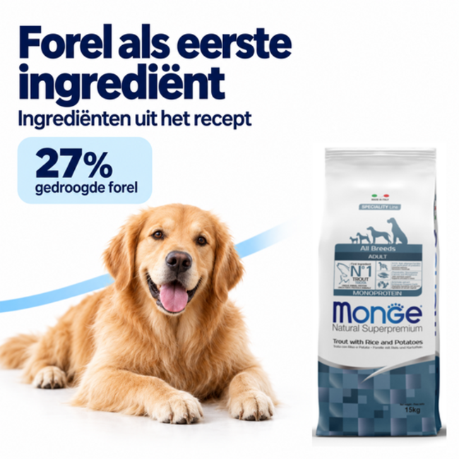Hondenbrokken - Monoproteïne Adult Forel met Rijst en Aardappelen - 15 kg