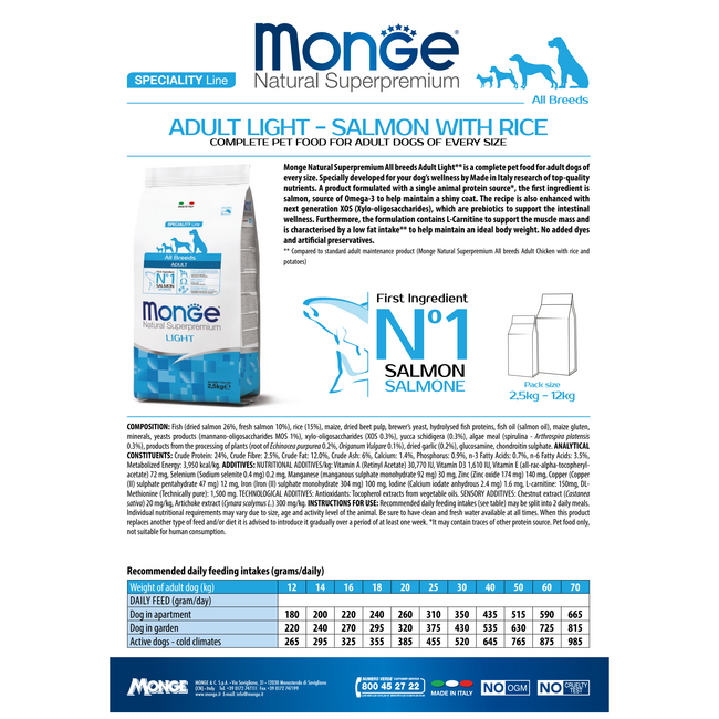 Pienso para perros - Monoproteína Adulto Light Salmón con Arroz - 15 kg