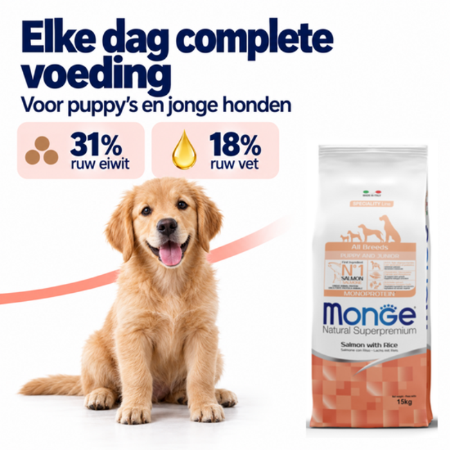 Croquettes pour chiens - Monoprotéine Chiot & Junior Saumon avec Riz - 15 kg