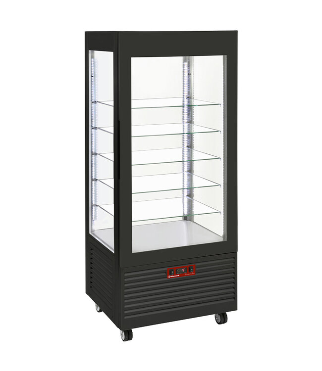 Diamond Vitrine 4 zijden T° negatief, 5 niveaus in glas, geventil, 480 Lit., ZWART