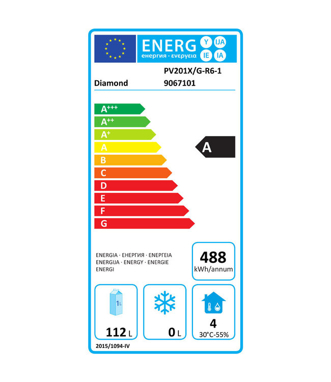 Diamond Koelkast geventileerd, glazen deur, 150 liter. R.V.S.