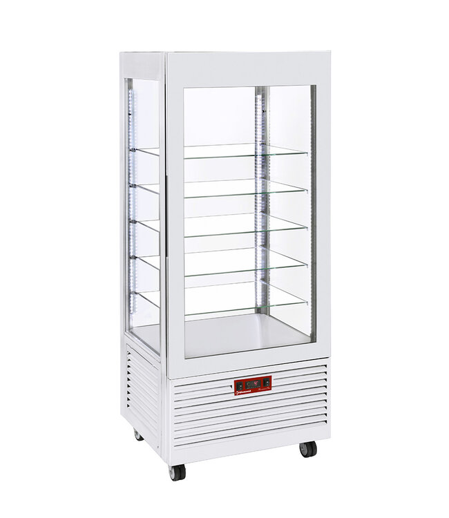 Diamond Vitrine 4 zijden T° negatief, 5 niveaus in glas, geventileerd, 480 Lit., WIT