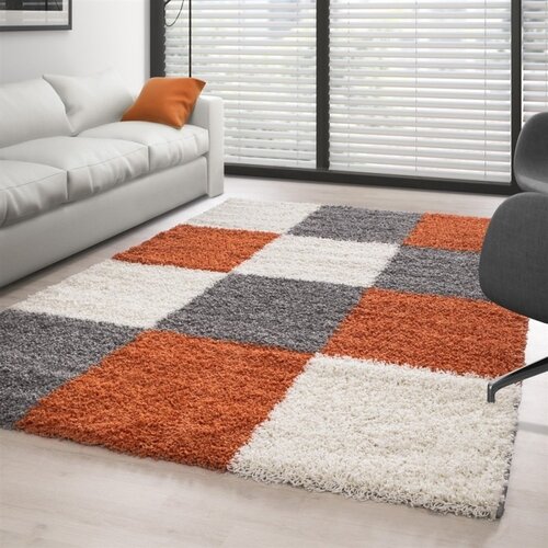 Hochflor Teppich Candy Shaggy - Orange Kariert