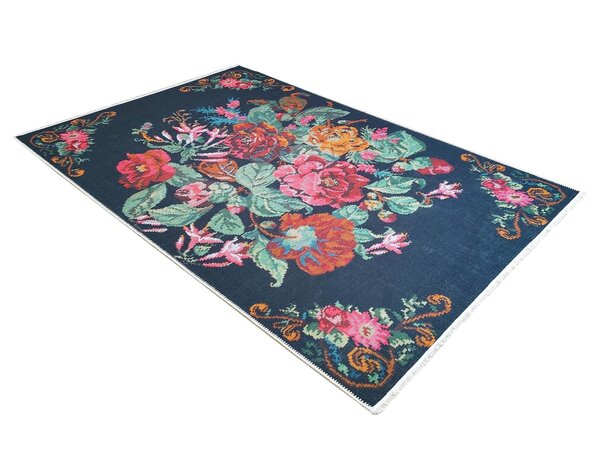 Adrasos Vintage Teppich Schwarz – Floral & Waschbar Adrasos Vintage Teppich Schwarz – Floral & Waschbar