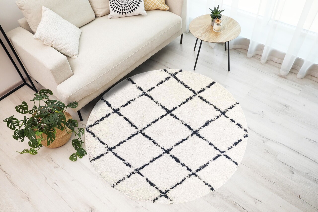 Candy Diamond Rund Hochflor-Teppich Creme/Schwarz - Kariert Candy Diamond Rund Hochflor-Teppich Creme/Schwarz - Kariert