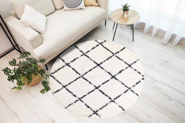 Candy Diamond Rund Hochflor-Teppich Creme/Schwarz - Kariert Candy Diamond Rund Hochflor-Teppich Creme/Schwarz - Kariert
