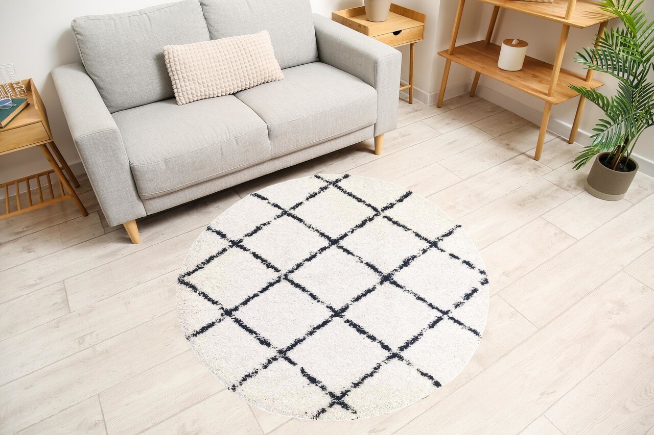 Candy Diamond Rund Hochflor-Teppich Creme/Schwarz - Kariert Candy Diamond Rund Hochflor-Teppich Creme/Schwarz - Kariert