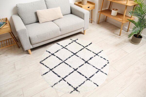 Candy Diamond Rund Hochflor-Teppich Creme/Schwarz - Kariert Candy Diamond Rund Hochflor-Teppich Creme/Schwarz - Kariert
