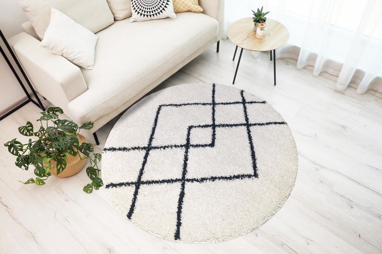 Candy Diamond Rund Hochflor-Teppich Creme/Schwarz - Kariert