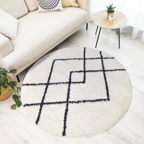 Candy Diamond Rund Hochflor-Teppich Creme/Schwarz - Kariert Candy Diamond Rund Hochflor-Teppich Creme/Schwarz - Kariert