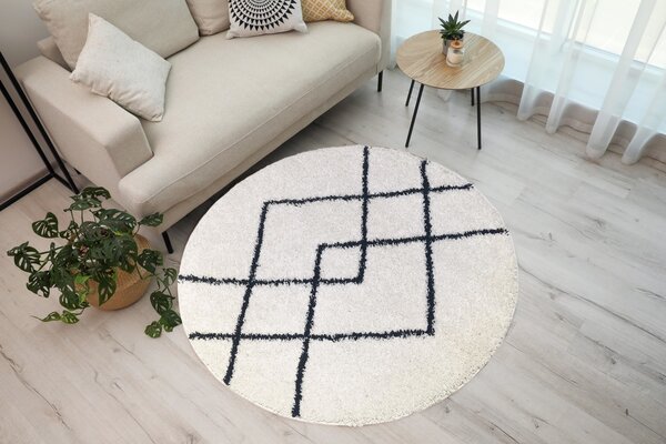 Candy Diamond Rund Hochflor-Teppich Creme/Schwarz - Kariert Candy Diamond Rund Hochflor-Teppich Creme/Schwarz - Kariert