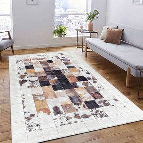Amira Patchwork Design Teppich Weiß/Braun - Waschbar Amira Patchwork Design Teppich Weiß/Braun - Waschbar