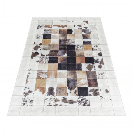 Amira Patchwork Design Teppich Weiß/Braun - Waschbar Amira Patchwork Design Teppich Weiß/Braun - Waschbar