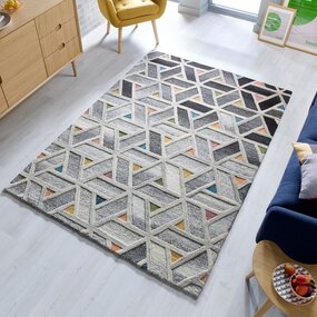 Fluss-Teppich - Kurzflor - 100% Wolle - Geo Modern - Grau / Multi Fluss-Teppich - Kurzflor - 100% Wolle - Geo Modern - Grau / Multi