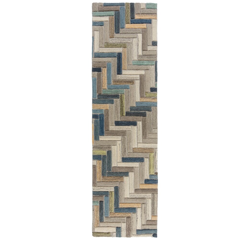 Läufer - Russo Modern Kurzflor - 100% Wolle - Geo - Natur / Multi 60X230 Cm