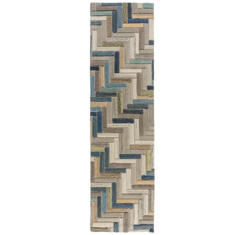 Läufer - Russo Modern Kurzflor - 100% Wolle - Geo - Natur / Multi 60X230 Cm