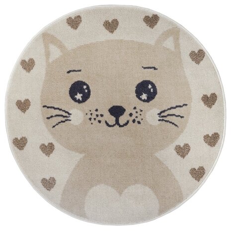 Rund Kinderteppich - Adventures Cat Creme/beige Rund Kinderteppich - Adventures Cat Creme/beige