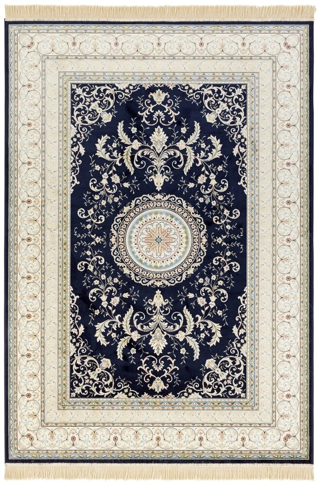 Klassischer Teppich - Kurzflor - Antik Flowers - Fransen - Dunkelblau Klassischer Teppich - Kurzflor - Antik Flowers - Fransen - Dunkelblau