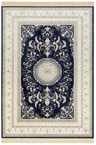 Klassischer Teppich - Kurzflor - Antik Flowers - Fransen - Dunkelblau Klassischer Teppich - Kurzflor - Antik Flowers - Fransen - Dunkelblau