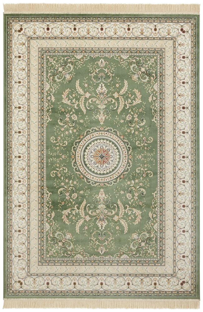 Klassischer Teppich - Kurzflor - Antik Flowers - Fransen - Grün