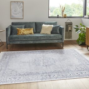 Klassischer Vintage -Teppich - Kurzflor - Naveh - Fransen - Pastellblau Klassischer Vintage -Teppich - Kurzflor - Naveh - Fransen - Pastellblau