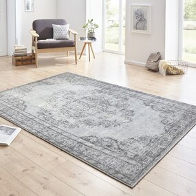 Vintage Niedrigflor-Designer-Velours-Teppich - Cordelia - Grau Vintage Niedrigflor-Designer-Velours-Teppich - Cordelia - Grau