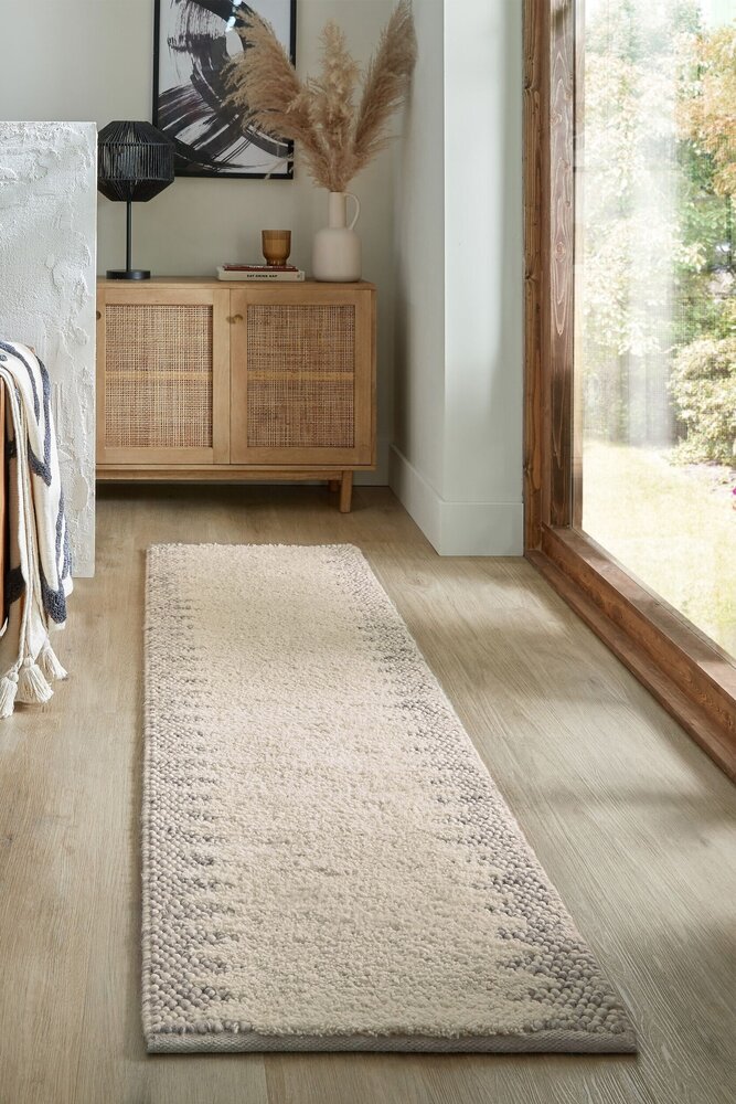 Läufer - Mineralien Uni-Teppich - Kurzflor - Wolle - Kugeln Rahmen Modern - Natur / Creme Läufer - Mineralien Uni-Teppich - Kurzflor - Wolle - Kugeln Rahmen Modern - Natur / Creme