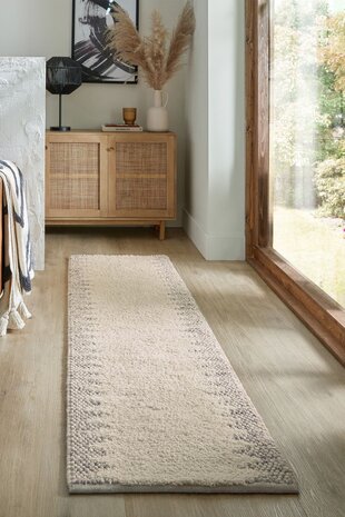 Läufer - Mineralien Uni-Teppich - Kurzflor - Wolle - Kugeln Rahmen Modern - Natur / Creme Läufer - Mineralien Uni-Teppich - Kurzflor - Wolle - Kugeln Rahmen Modern - Natur / Creme