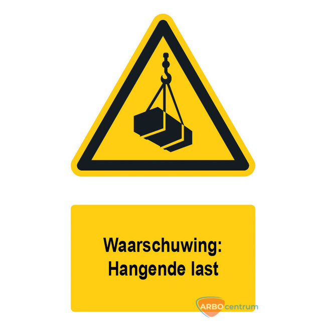 Waarschuwingsbord / sticker hangende last met tekst