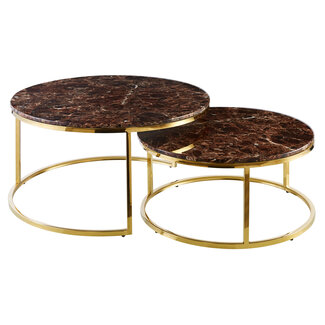 Luxury Living Coffee Table Slide Round Gold Frame - Brown Marble Top