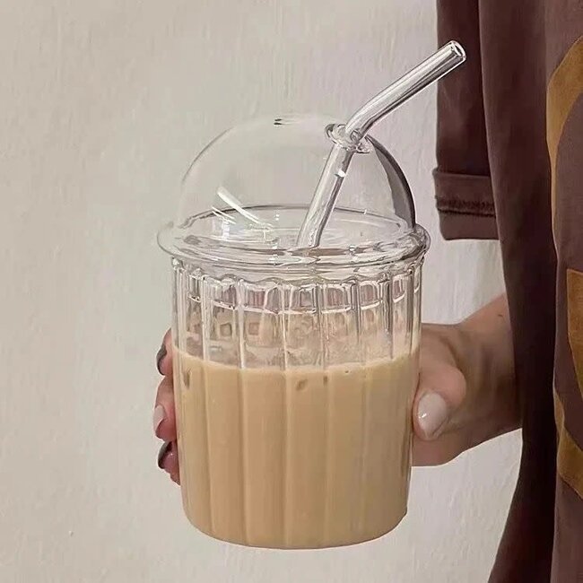 ALMINA Vivien Glass Tumbler with Lid & Straw | 500 ml