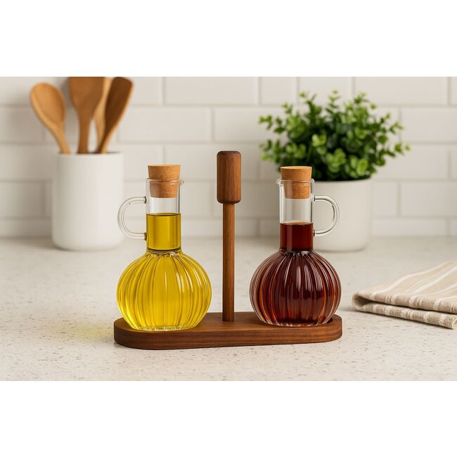 Almina Luana Con Due Olieflessen met Acacia Houder | 2x350ml