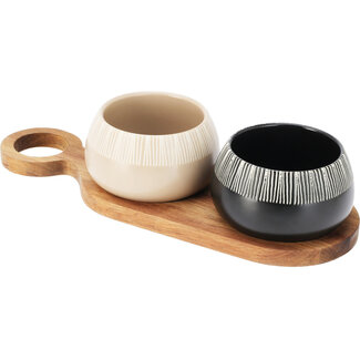 3-Piece Serving Set with Stoneware Bowls & Acacia Wooden Tray