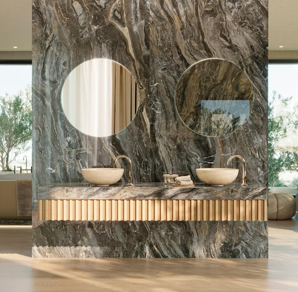 Oppio €79 PER PANEEL - 120x280x0,3 cm - PVC Wandpaneel Milos Bruin Marmerlook Hoogglans -