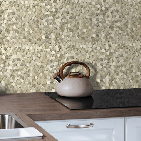 Oppio Geborsteld MINI Hexagon Goud - Zelfklevend Mozaiek 308x298x4mm Oppio Geborsteld MINI Hexagon Goud - Zelfklevend Mozaiek 308x298x4mm