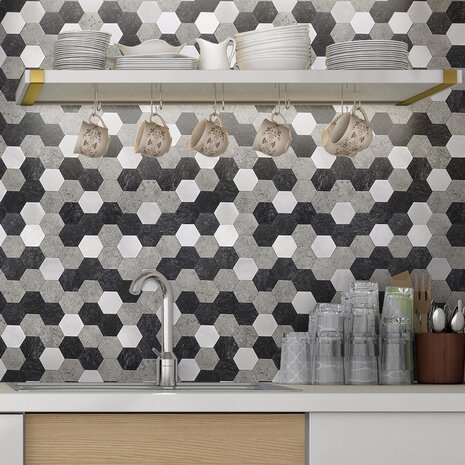 Oppio Grijs-Zwart MIX HEXAGON - Zelfklevend Mozaiek 288x280x4mm Oppio Grijs-Zwart MIX HEXAGON - Zelfklevend Mozaiek 288x280x4mm