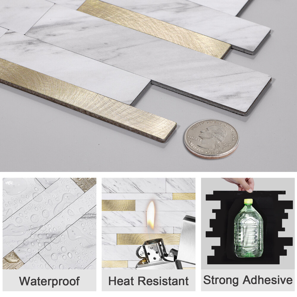 Oppio Wit Marmerlook met GOUDEN ALU Wildverband - Zelfklevend Mozaiek 303x298x4mm Oppio Wit Marmerlook met GOUDEN ALU Wildverband - Zelfklevend Mozaiek 303x298x4mm